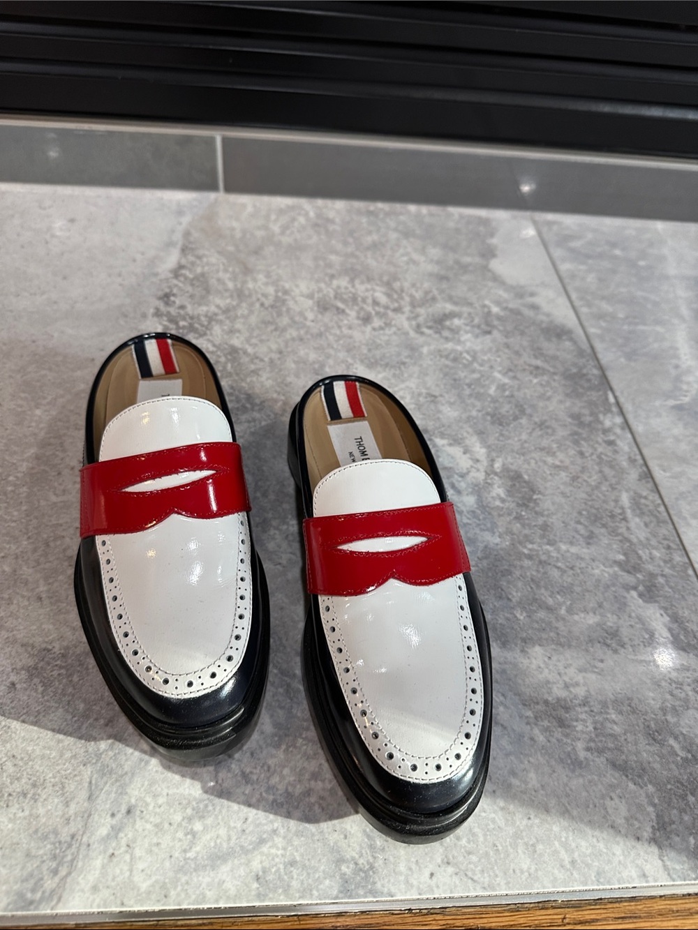 Thom Browne patent leather White, Red & Black Slip-On Loafers